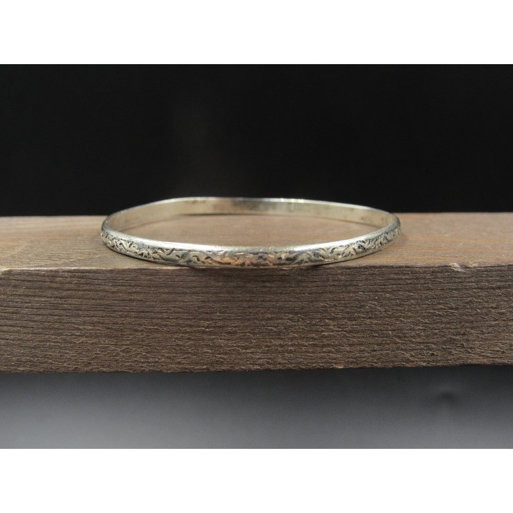 6" Sterling Silver Rustic Tarnished Fancy Pattern Bangle Bracelet Vintage